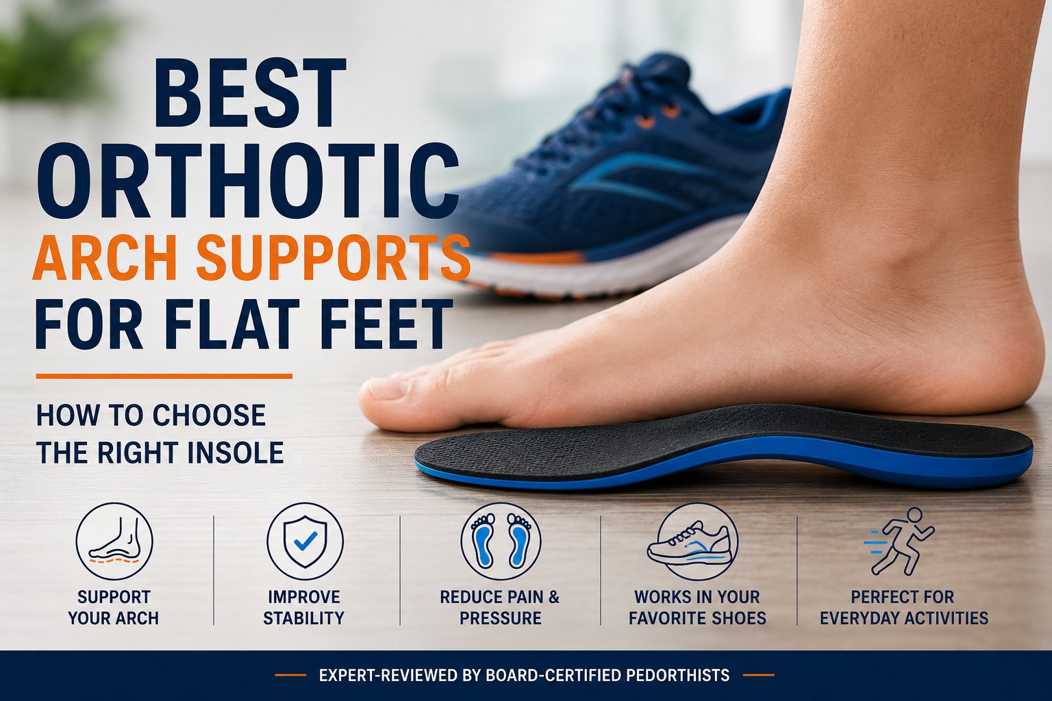 Best orthotic arch supports for flat feet shown with a flat foot and supportive insole.